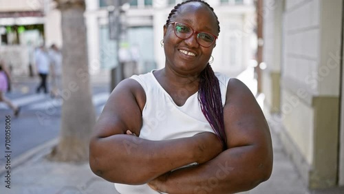 Confident african american woman, sporting braids and glasses, smiling widely and standing with crossed arms on an urban street, radiating positive joy and expression outdoors. photo