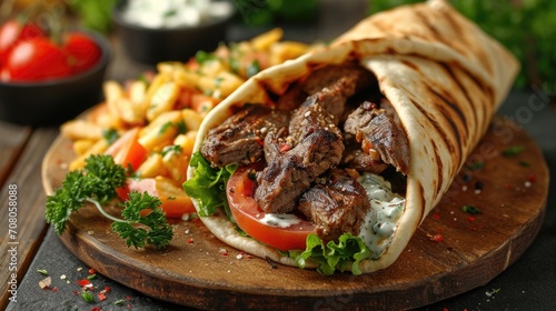 Traditional Greek Gyro Unwind: Authentic Greek Gyro with Grilled Meat, Tzatziki, Fresh Vegetables, Pita in Lively Greek Street Market