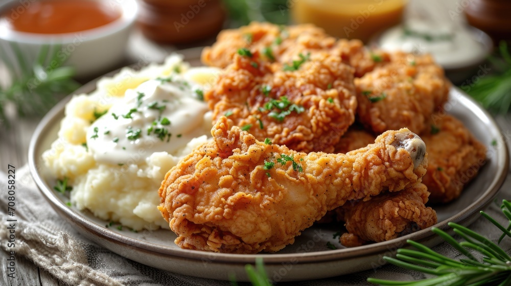 Southern Fried Chicken Unwind: Crispy Fried Chicken with Mashed Potatoes, Gravy on Traditional Dining Table, Cozy Southern Home Atmosphere Southern Fried Chicken Unwind: Crispy Fried Chicken with Mashed Potatoes, Gravy on Traditional Dining Table, Cozy Southern Home Atmosphere