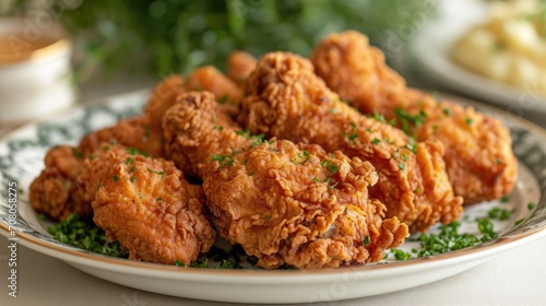 Southern Fried Chicken Unwind: Crispy Fried Chicken with Mashed Potatoes, Gravy on Traditional Dining Table, Cozy Southern Home Atmosphere