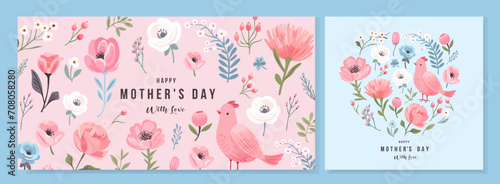 Mother's Day card. Spring summer bright acrylic floral design template for ads promo. Vector trendy paints banner, poster, flyer, label or cover with flowers frame, abstract floral pattern.