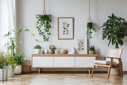Poster above cupboard with plant in white living room interior with copy space. Real photo. Place for your product photo