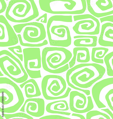 A hand- drawn drawing of geometric shapes in green on a white background .Seamless background.