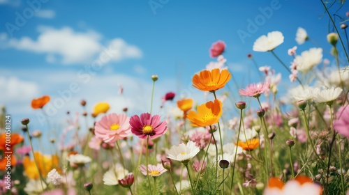 Beautiful cosmos flowers in the meadow over blue sky background