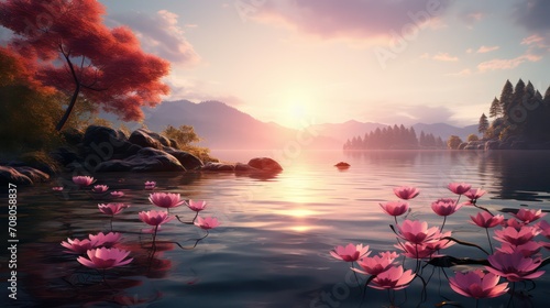 Beautiful landscape of lake and mountain with pink lotus flower