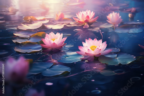 Beautiful pink waterlily or lotus flower blooming in pond