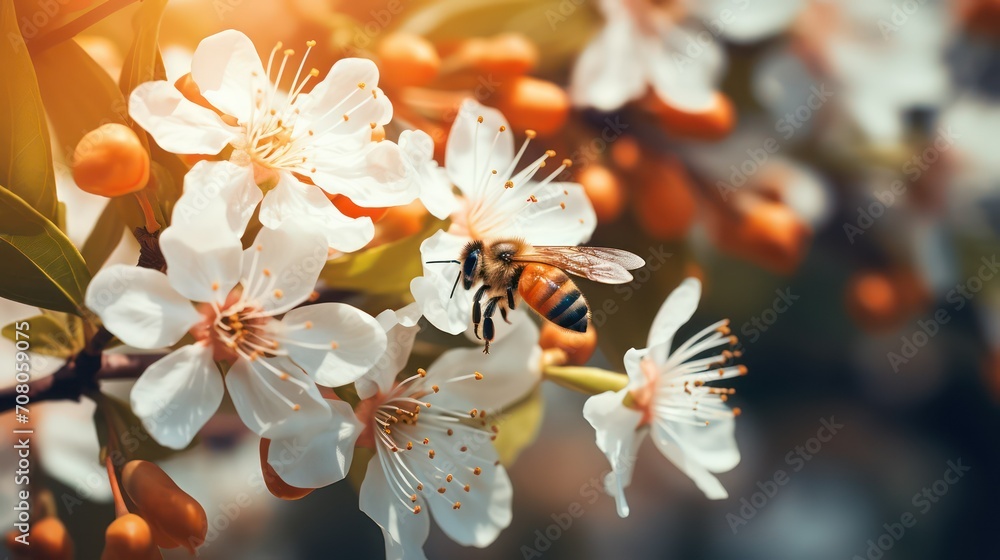 Honey bee pollinating white flowers of cherry tree in spring