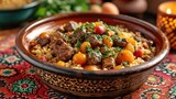 Moroccan Tagine Unwind: Colorful Moroccan Setting with Lamb Tagine, Apricots, Almonds, Intricate Patterns, Warm Ambiance