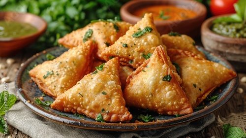 Spicy Indian Samosas Unwind: Bustling Indian Street Market with Crispy Spicy Samosas, Mint Chutney, Vibrant Colors and Energy