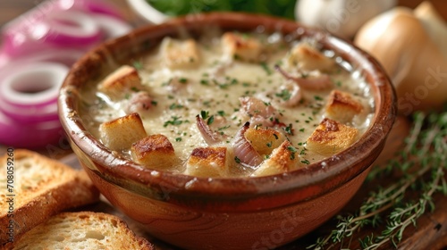 Gourmet French Onion Soup Unwind: Cozy French Bistro with Rich French Onion Soup, Melted Gruyère Cheese, Quaint Romantic Atmosphere