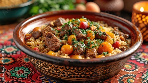 Moroccan Tagine Unwind: Colorful Moroccan Setting with Lamb Tagine, Apricots, Almonds, Intricate Patterns, Warm Ambiance