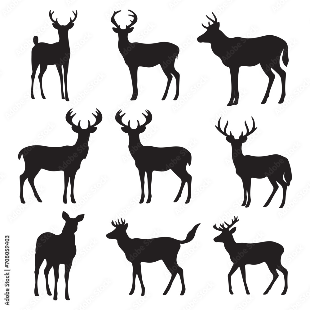 A black silhouette Deer set, Clipart on a white Background, Simple and Clean design, simplistic