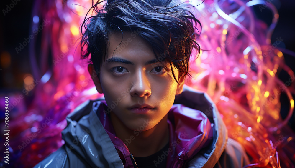 Young adult looking at camera, smiling, illuminated in nightclub generated by AI Young adult looking at camera, smiling, illuminated in nightclub generated by AI