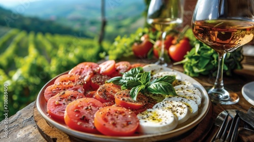 Fresh Caprese Salad Unwind: Classic Caprese Salad, Ripe Tomatoes, Mozzarella, Basil, Olive Oil, Sunny Terrace, Italian Vineyard View