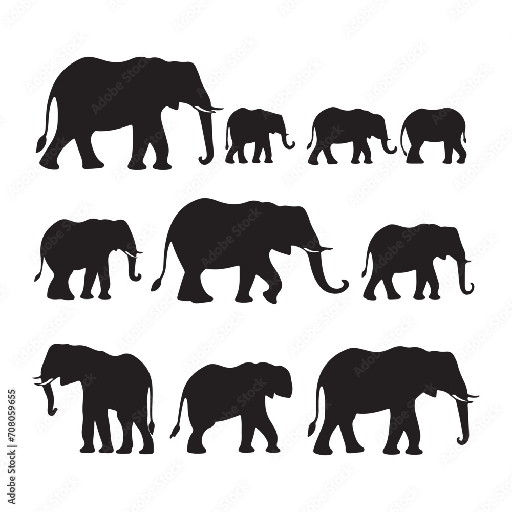 A black silhouette Elephant set, Clipart on a white Background, Simple and Clean design, simplistic