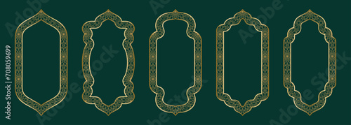 Gold arch frame shape Islamic door or window with geometric girikh pattern, silhouette Arabic arch. Collection in oriental style. Frames in Arabic Muslim design for Ramadan Kareem. Vector illustration
