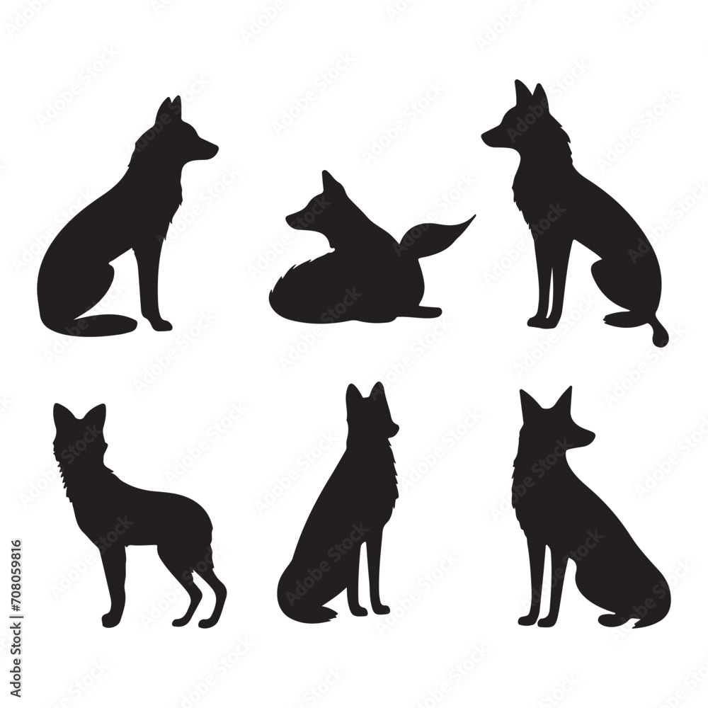 A black silhouette Fox set, Clipart on a white Background, Simple and Clean design, simplistic