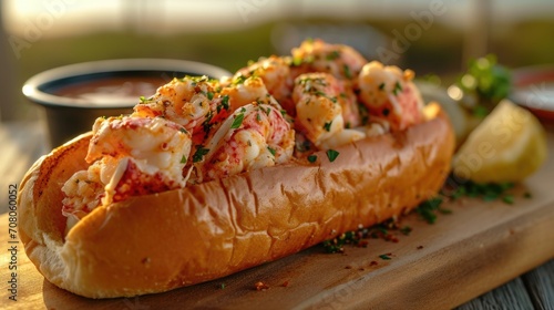 Gourmet Lobster Roll Unwind: Fresh Lobster Roll, Light Mayo, Seaside Eatery, Ocean View, Relaxed Summery Atmosphere