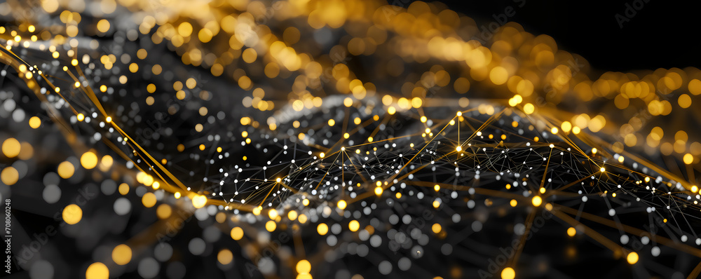 Abstract 3d banner with golden dots, waves and lines on a black background. Geometric dark wallpaper with molecular plexus mesh with copy space for text. Design concept for modern IT technologies ads Abstract 3d banner with golden dots, waves and lines on a black background. Geometric dark wallpaper with molecular plexus mesh with copy space for text. Design concept for modern IT technologies ads