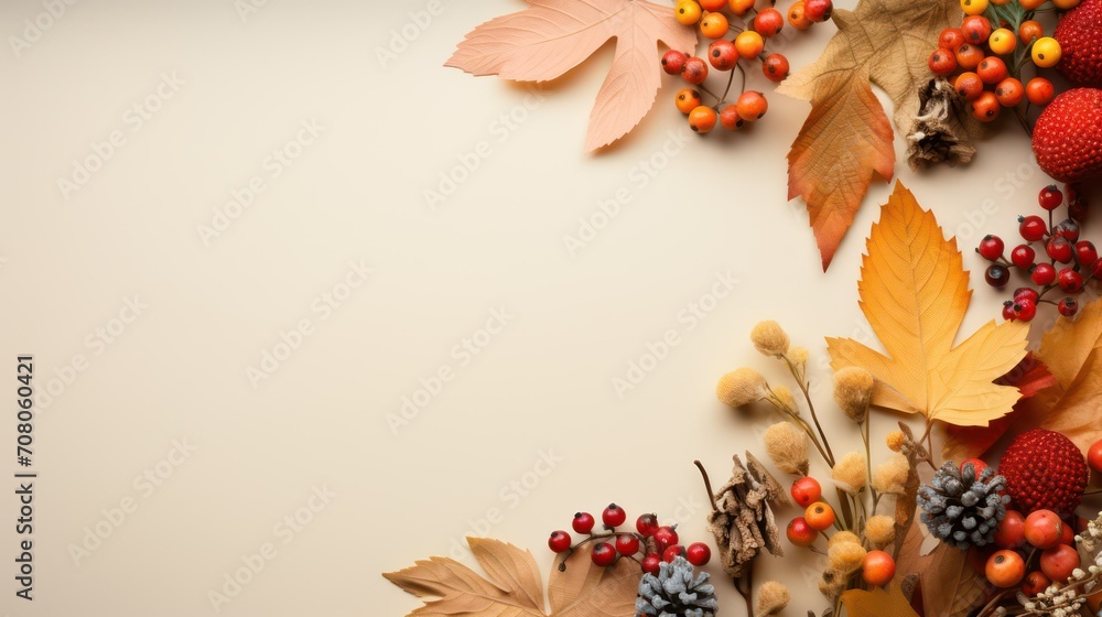 Autumn background with berries, leaves and cones on a light background