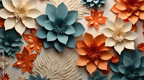 paper flowers in pastel colors on blue background