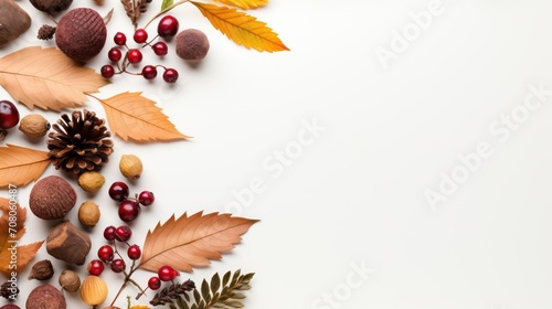 Autumn leaves, berries and nuts on white background with copy space