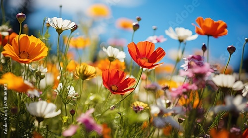 Colorful cosmos flowers in the meadow with blue sky background © Ashfaq