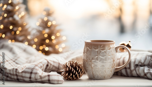 Cozy winter celebration with hot chocolate and decorations generated by AI