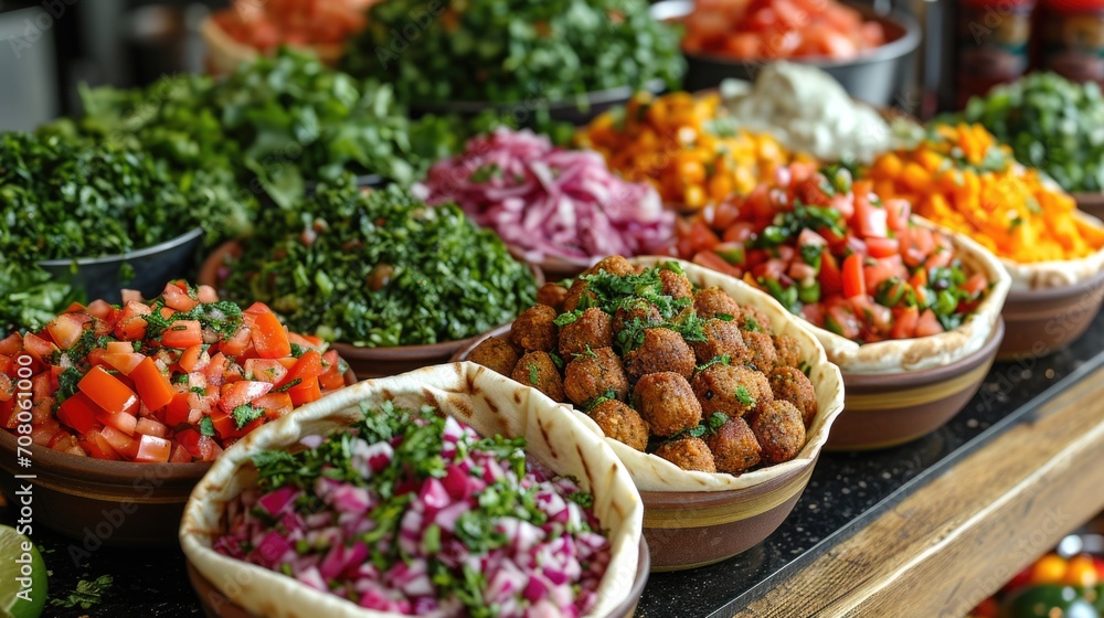 Street-Style Falafel Wrap Unwind: Colorful Falafel Wrap, Vibrant Vegetables, Bustling Middle Eastern Market Setting