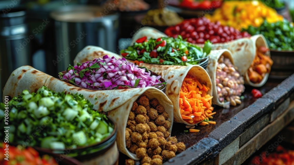 Street-Style Falafel Wrap Unwind: Colorful Falafel Wrap, Vibrant Vegetables, Bustling Middle Eastern Market Setting