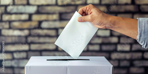 Hand of person inserting vote into ballot box, voting