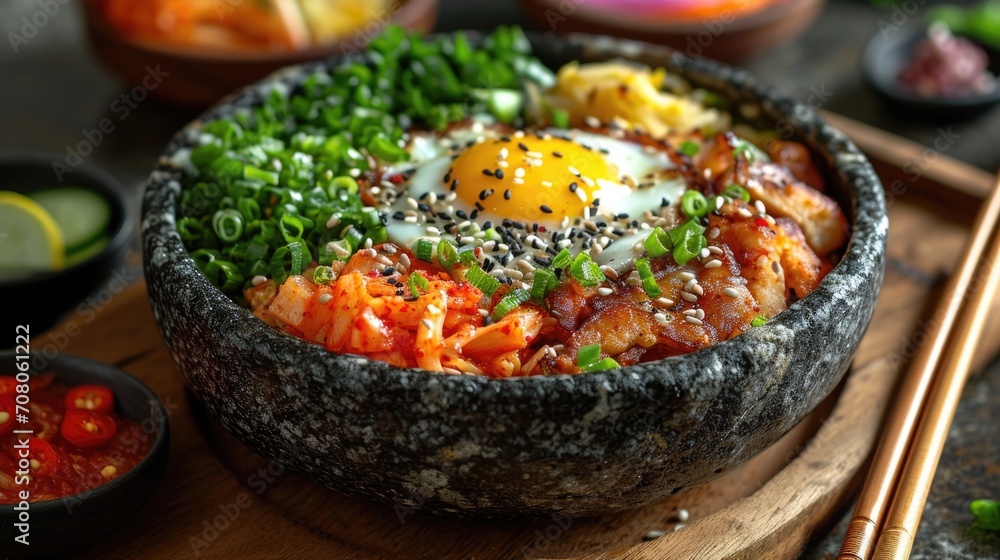 Traditional Korean Bibimbap Unwind: Hot Stone Bowl Bibimbap, Traditional Korean Setting, Chopsticks, Side Dishes, Authentic Ambiance Traditional Korean Bibimbap Unwind: Hot Stone Bowl Bibimbap, Traditional Korean Setting, Chopsticks, Side Dishes, Authentic Ambiance