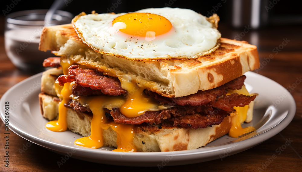 Grilled meat sandwich on wooden plate, fresh and ready to eat generated by AI Grilled meat sandwich on wooden plate, fresh and ready to eat generated by AI