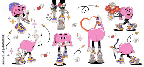 	
Groovy lovely big set hearts stickers. Love concept. Happy Valentines day. Funky happy heart character in trendy retro 90s cartoon style. Vector illustration in pink red colors
