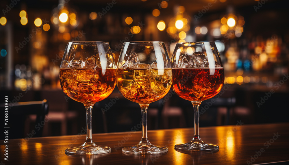 Luxury wineglass reflects illuminated bar, pouring red wine, elegant celebration generated by AI Luxury wineglass reflects illuminated bar, pouring red wine, elegant celebration generated by AI
