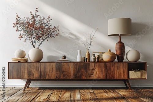 Wood Console Cabinet Contemporary Modern Foyer Living Room Blank Empty Wall Copy Space photo