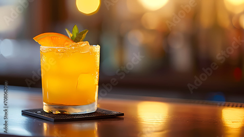 A delicious orange cocktail drink sitting on a bar coaster, advertising for drinks, free copy space photo