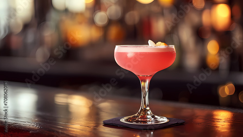 A delicious pink cocktail drink sitting on a bar coaster, advertising for drinks, free copy space photo