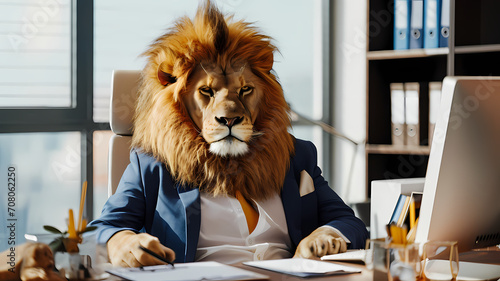 A lion working in a corporate office job and wearing human clothes while sitting at a desk at work photo