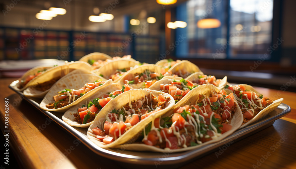Freshness and flavor in a gourmet Mexican taco meal indoors generated by AI Freshness and flavor in a gourmet Mexican taco meal indoors generated by AI