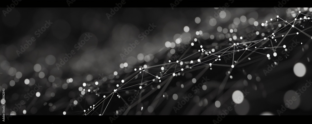 Abstract 3d banner with white dots, waves and lines on a black background. Geometric dark wallpaper with molecular plexus mesh with copy space for text. Design concept for modern IT technologies ads - obrazy, fototapety, plakaty 