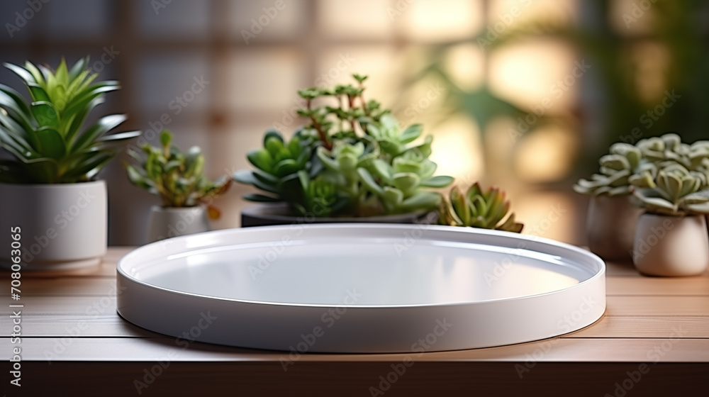 White tray with plants and different accessories around, soft focus background White tray with plants and different accessories around, soft focus background
