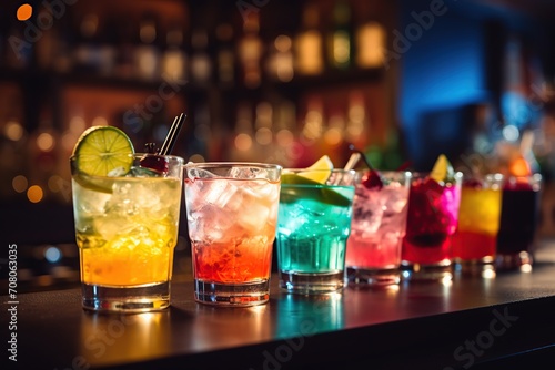 Different alcohol cocktails on bar counter