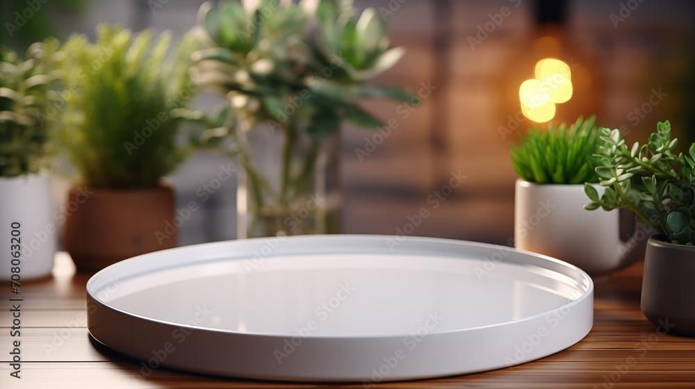 White tray with plants and different accessories around, soft focus background White tray with plants and different accessories around, soft focus background