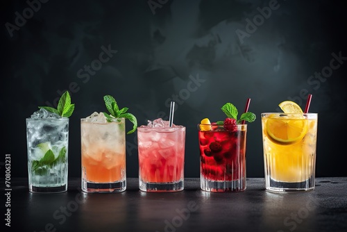 Different alcohol cocktails on grey background