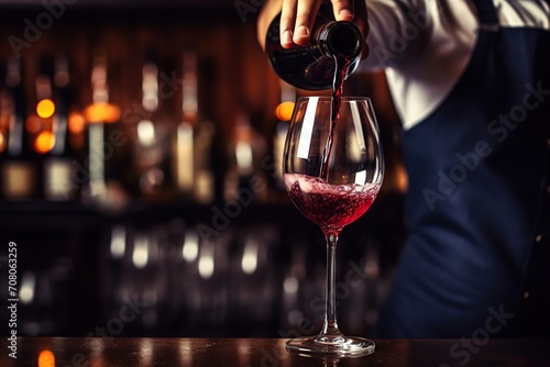 Bartender pouring red wine to glass in bar
