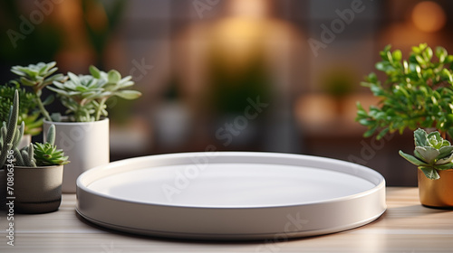 White tray with plants and different accessories around, soft focus background © lisssbetha