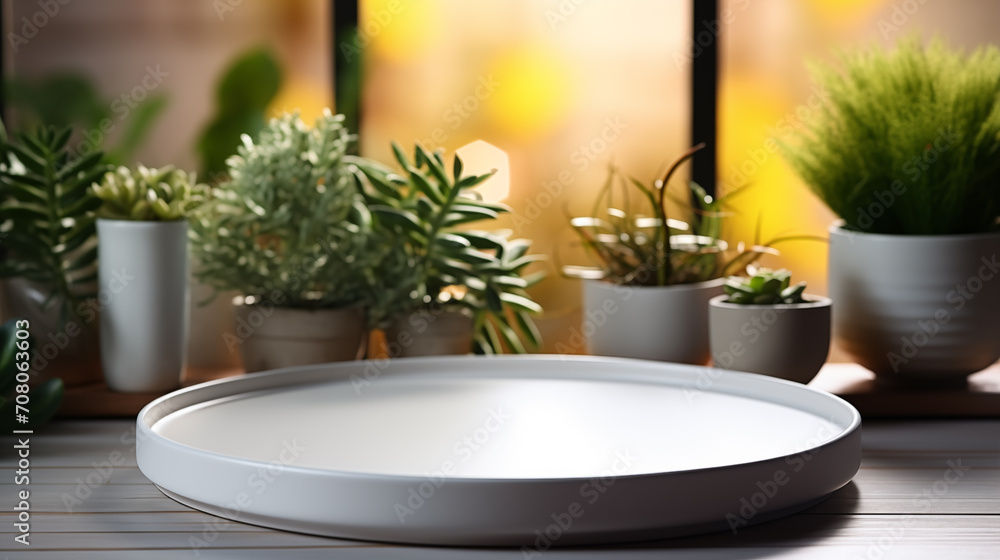 White tray with plants and different accessories around, soft focus background White tray with plants and different accessories around, soft focus background