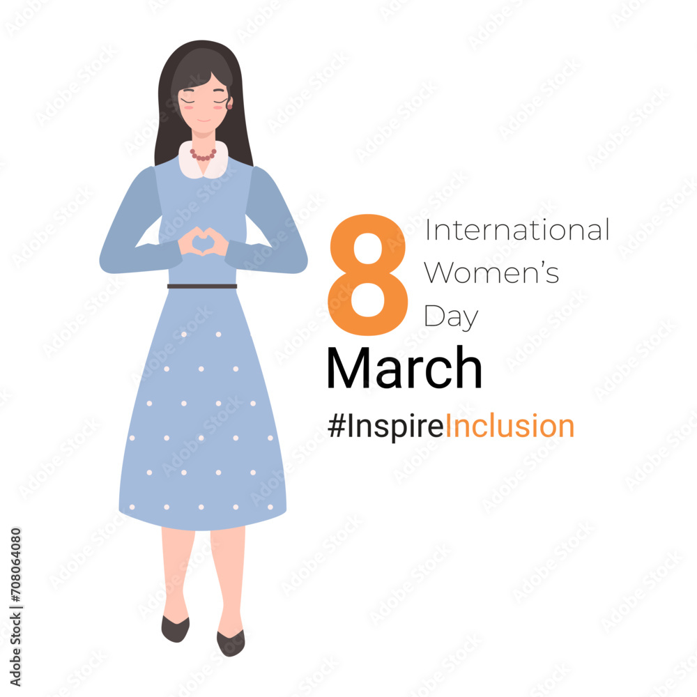 Banner for international women's day for campaign inspire inclusion. A woman with a cute face and dark hair folding her hands in a heart shape in support of women's equality flat vector. Banner for international women's day for campaign inspire inclusion. A woman with a cute face and dark hair folding her hands in a heart shape in support of women's equality flat vector.