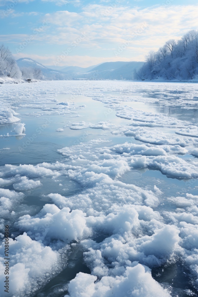Ice melt on the river. A frozen river. Winter landscape.